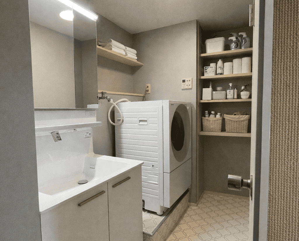 大開口の収納と清潔感ある洗面で、毎日をもっと心地よく